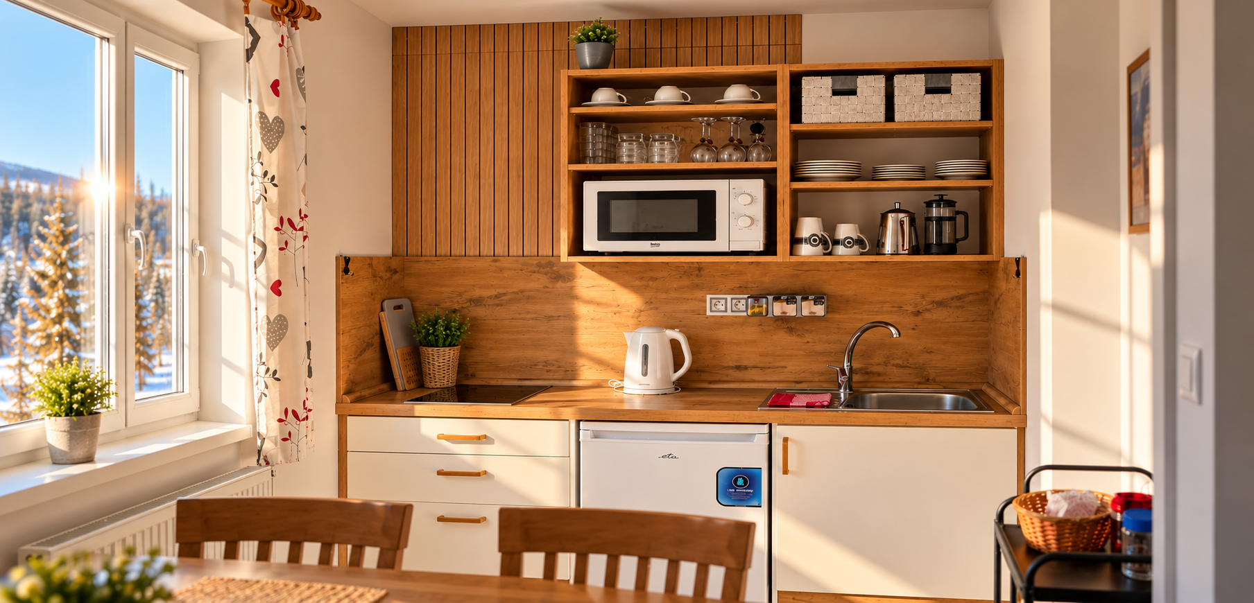 Kuchyňský kout apartmánu zalitý sluncem
