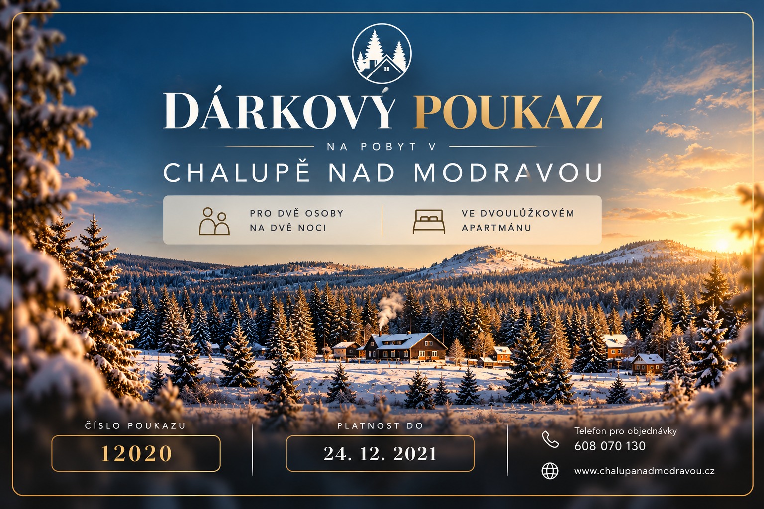 Ukázkový dárkový poukaz na pobyt v Chalupě nad Modravou — pro dvě osoby, na dvě noci, ve dvoulůžkovém apartmánu
